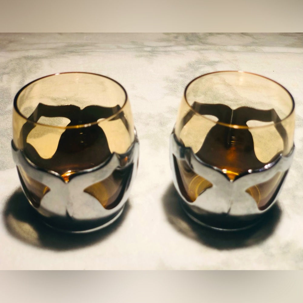 Authentic Art Deco 1930s Farber Bros Chrome & AMBER Tumbler Shot Glass Set of 2